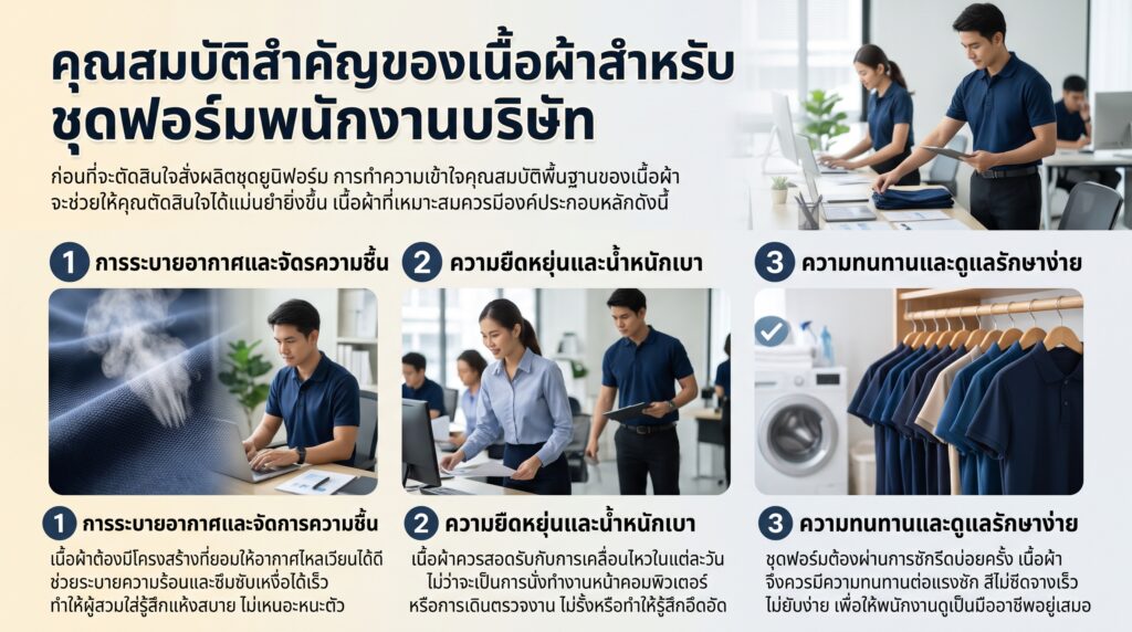 รูป คุณสมบัติสำคัญของเนื้อผ้าสำหรับ ชุดฟอร์มพนักงานบริษัท
